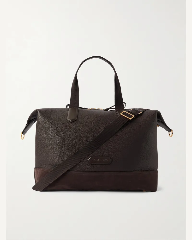 Tom Ford Suede-Trimmed Full-Grain Leather Weekend Bag Brown