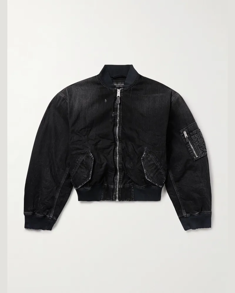 Balenciaga Distressed Denim Bomber Jacket Black