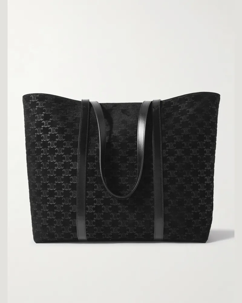 Celine Horizontal Museum Triomphe Logo-Embossed Leather-Trimmed Suede Tote Bag Black