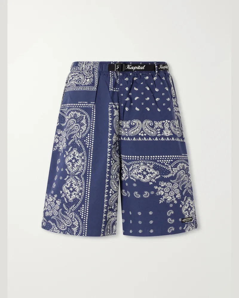 KAPITAL Easy Straight-Leg Belted Bandana-Print Cotton Shorts Blue