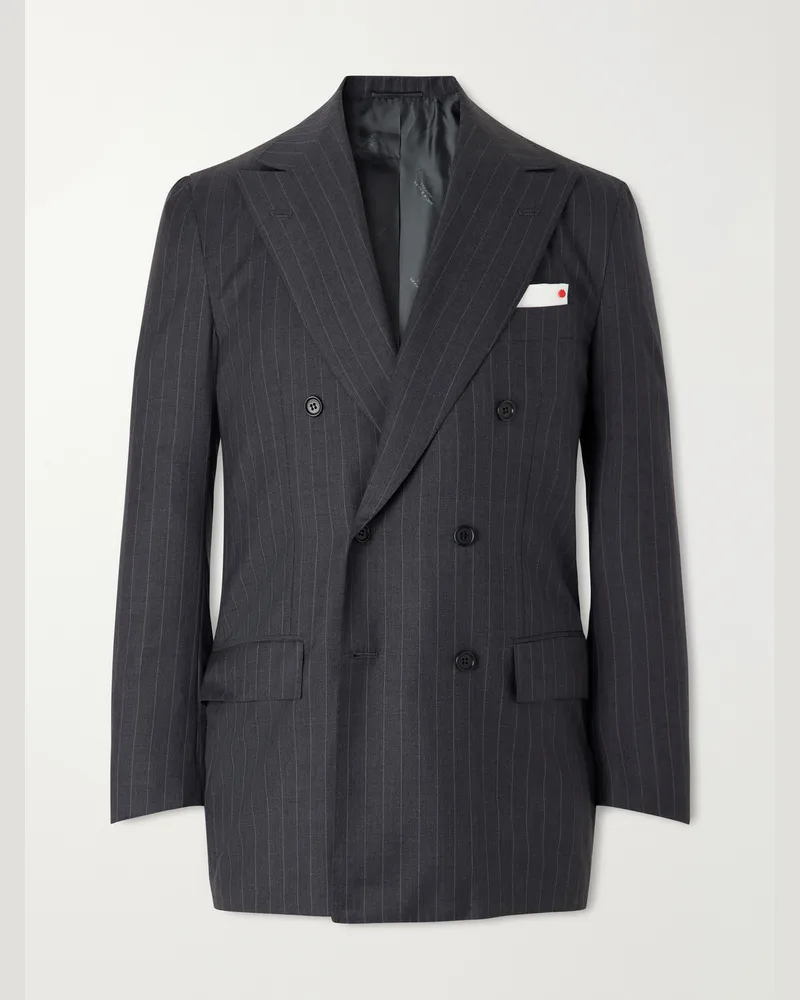 Kiton Double-Breasted Pinstriped Wool Suit Jacket Gray
