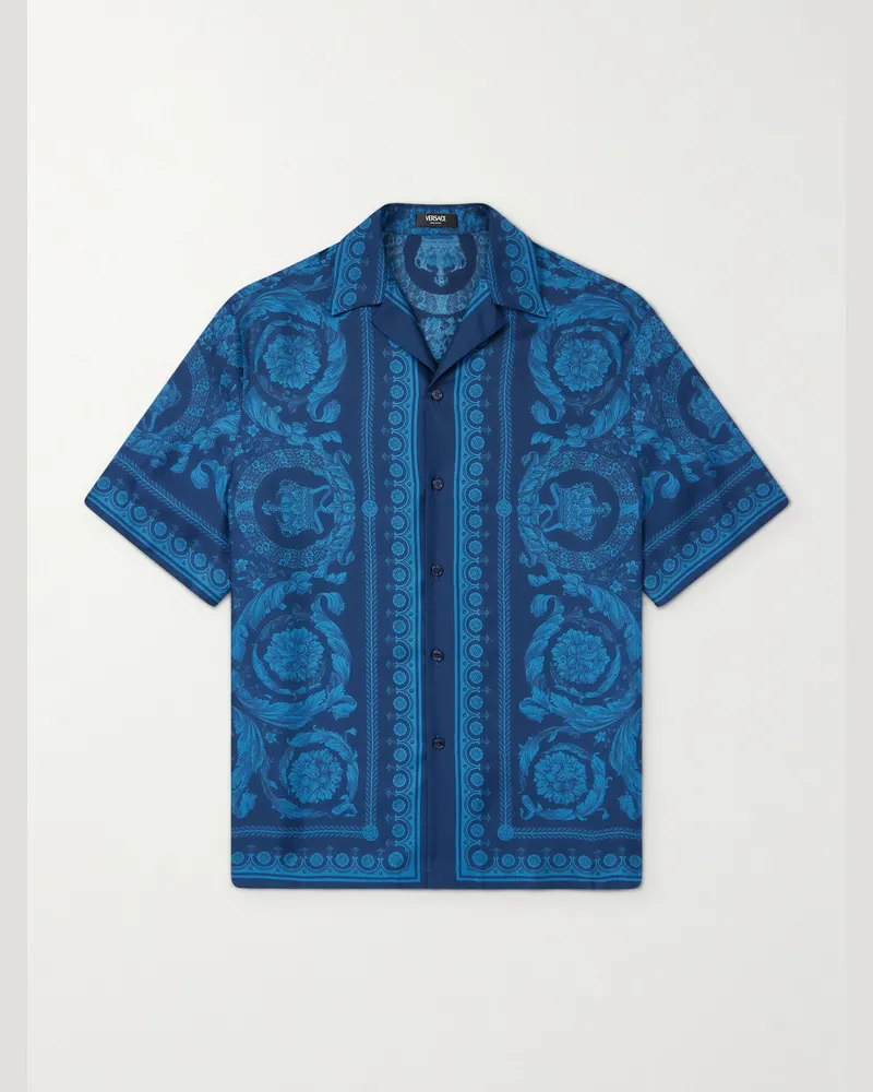 Versace Hemd aus bedrucktem Seiden-Twill mit Reverskragen Blau