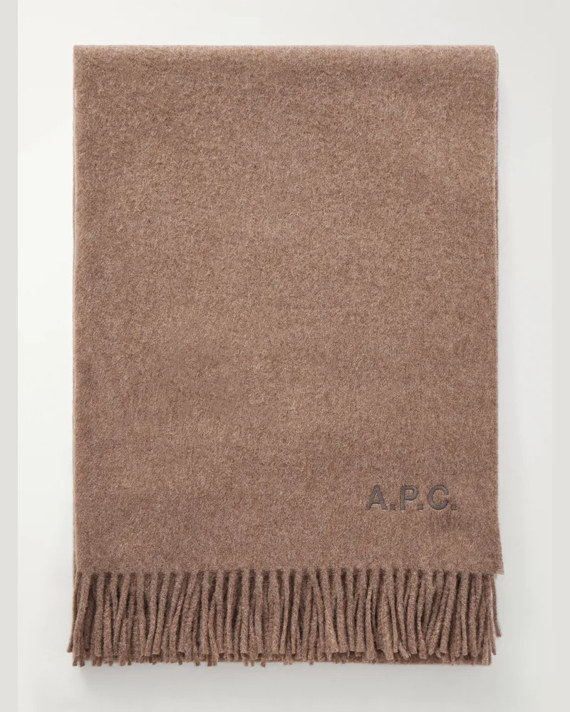 A.P.C. Alix Fringed Logo-Embroidered Virgin Wool Scarf Brown