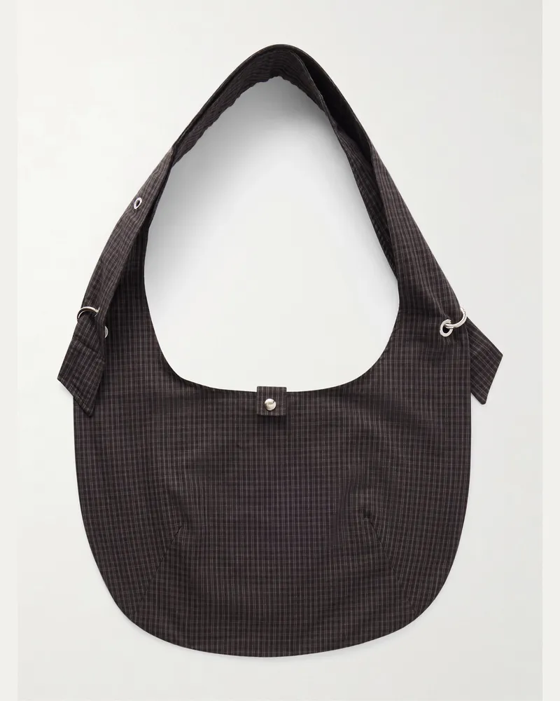 Mfpen Eyelet Schultertasche aus kariertem Canvas aus einer Baumwoll-Leinenmischung Braun