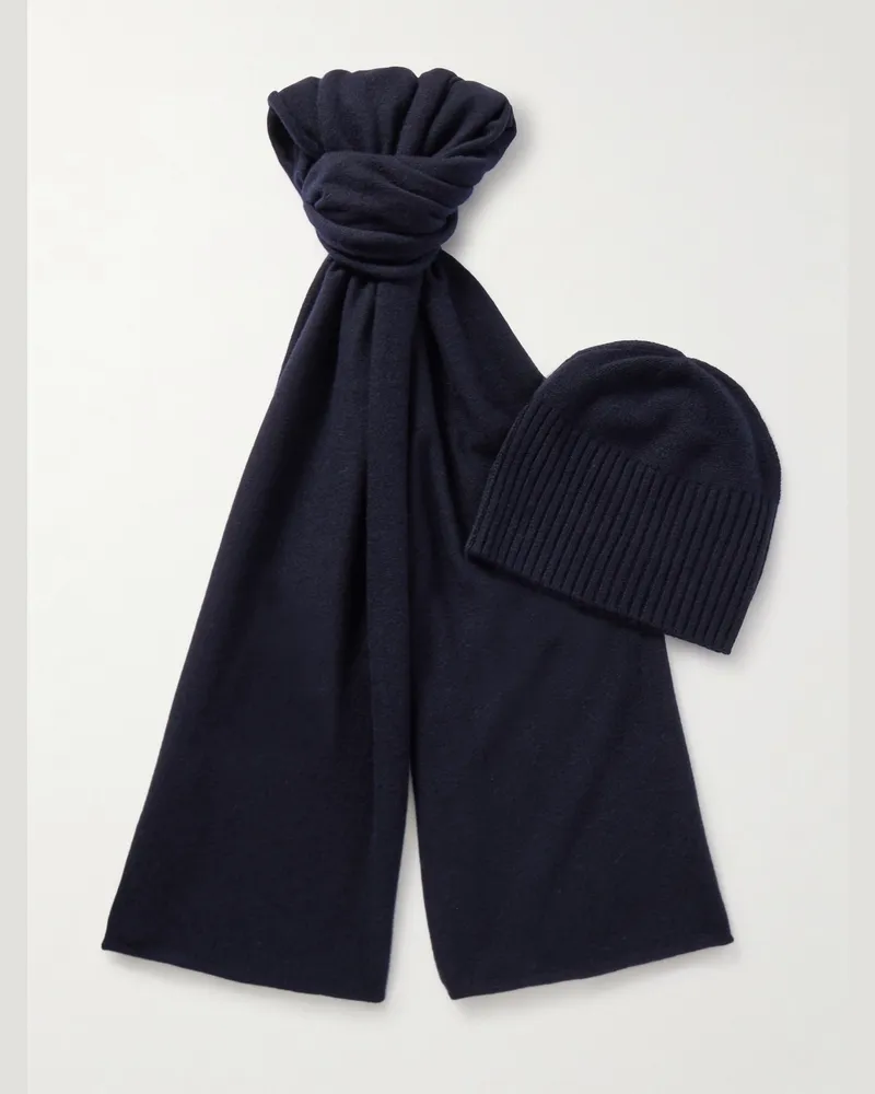 ALLUDE Ribbed Cashmere Beanie and Scarf Set Blue