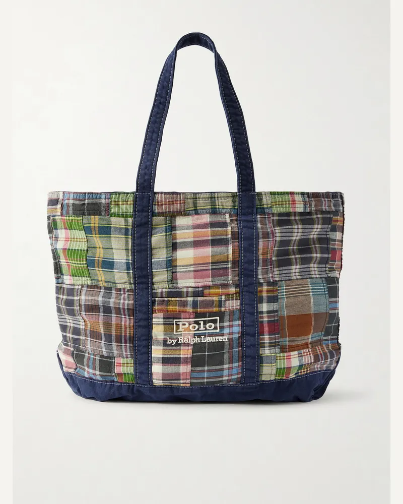 Ralph Lauren Large Patchwork Checked Cotton-Madras Tote Bag Blue