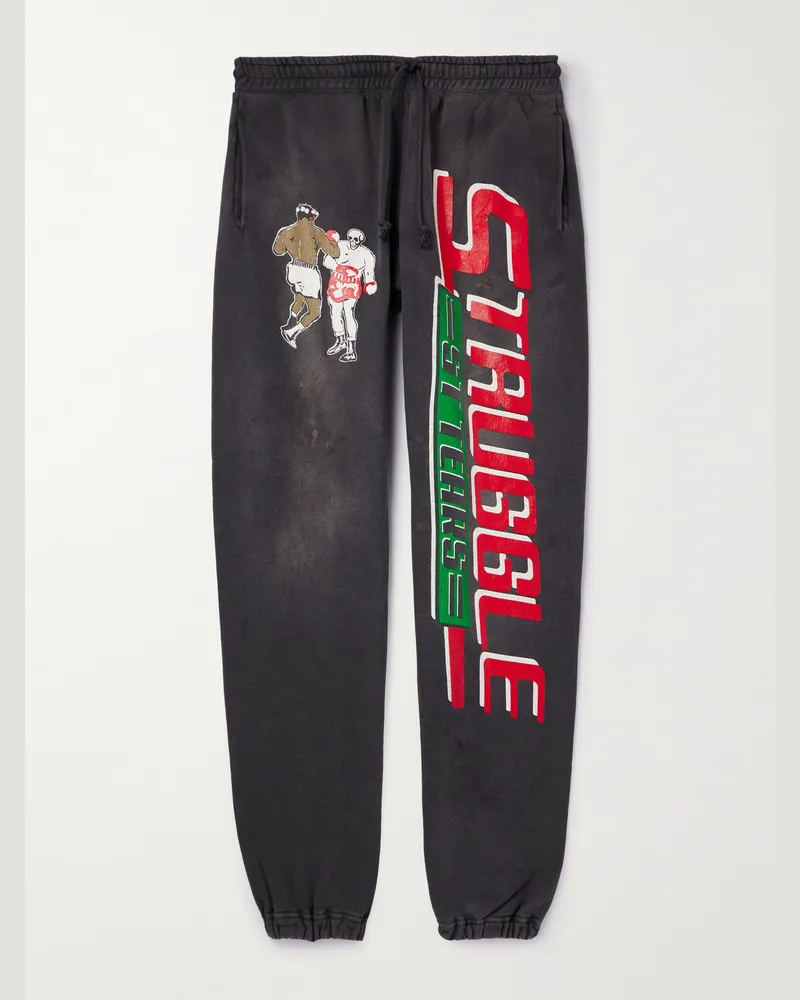 SAINT MXXXXXX Denim Tears Tapered Distressed Printed Cotton-Jersey Sweatpants Black