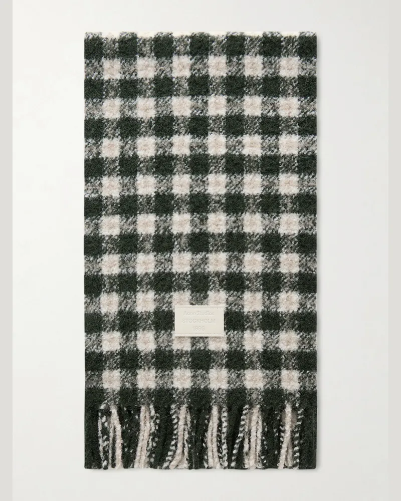 Acne Studios Fringed Logo-Appliquéd Leather-Trimmed Knitted Scarf Green