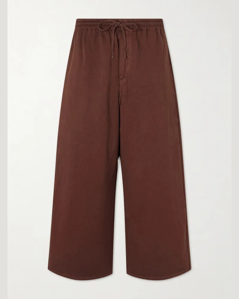 Loewe Paula Ibiza Wide-Leg Anagram-Embroidered Cotton Drawstring Trousers Brown