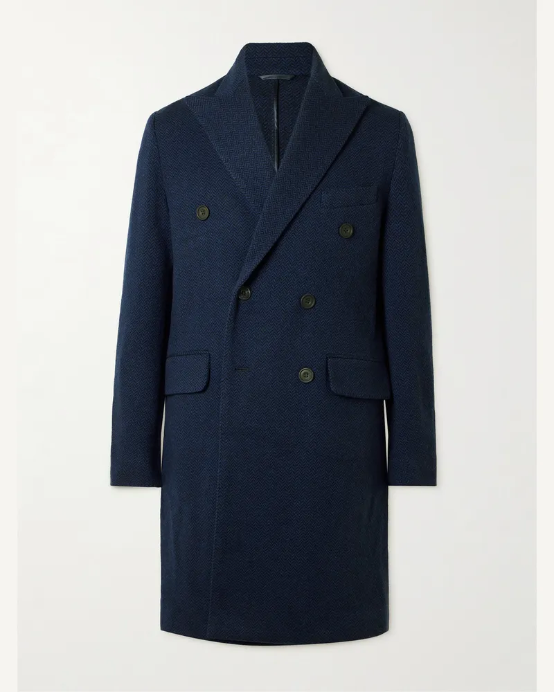 Richard James Double-Breasted Herringbone Cashmere Coat Blue