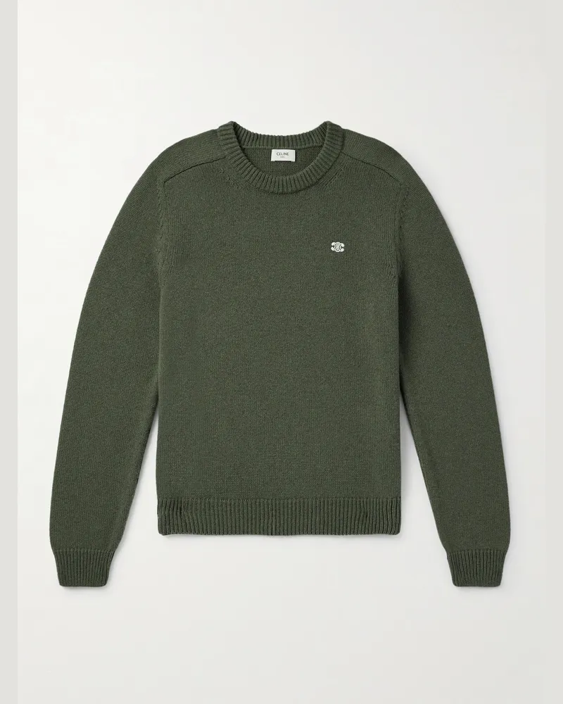 Celine Triomphe schmal geschnittener Pullover aus einer Woll-Kaschmirmischung mit Logostickerei Grün