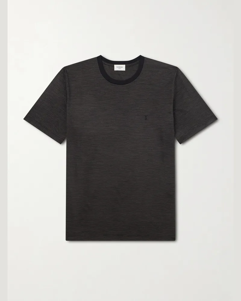 Saint Laurent Logo-Embroidered Striped Cotton-Jersey T-Shirt Black