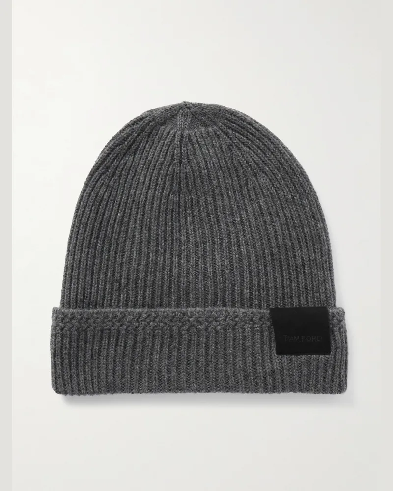 Tom Ford Beanie aus Kaschmir in Rippstrick mit Logoapplikation Grau