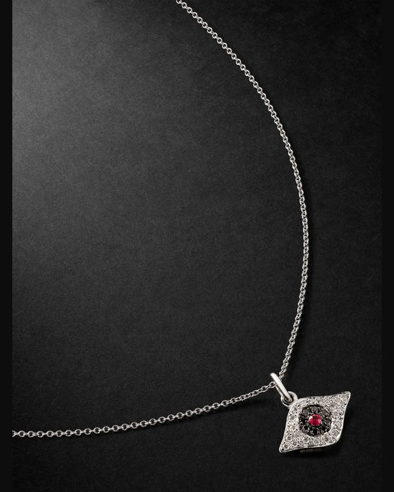 Ileana Makri Kitten Eye White Gold, Diamond and Ruby Pendant Necklace Silver
