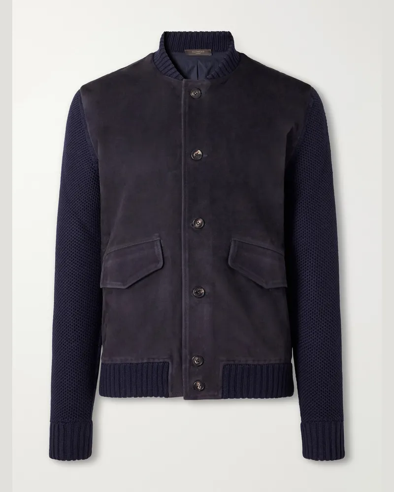 Slowear Zanone Slim-Fit Suede and Honeycomb-Knit Virgin Wool Bomber Jacket Blue