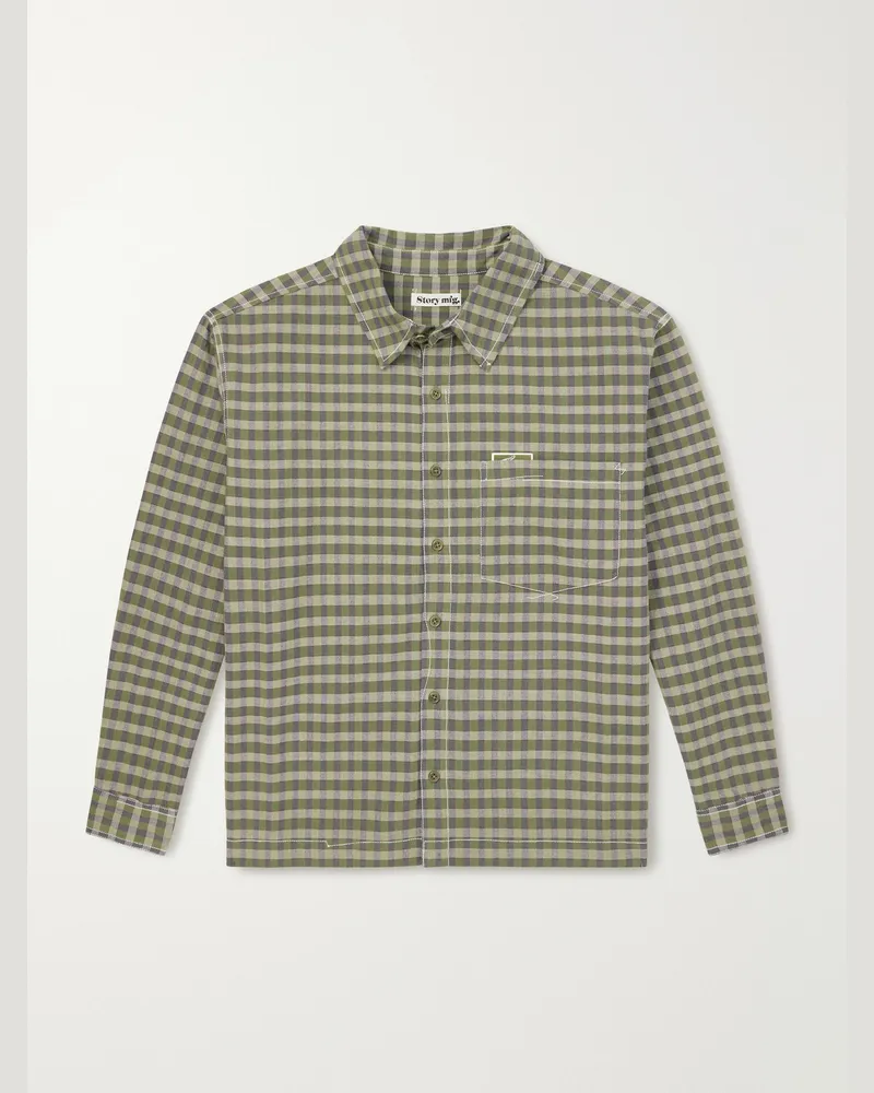 STORY mfg. Bracken kariertes Oversized-Hemd aus Biobaumwolle mit Applikation Grün