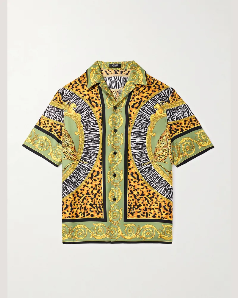 Versace Wild Cats Hemd aus bedrucktem Seiden-Twill mit Reverskragen Grün