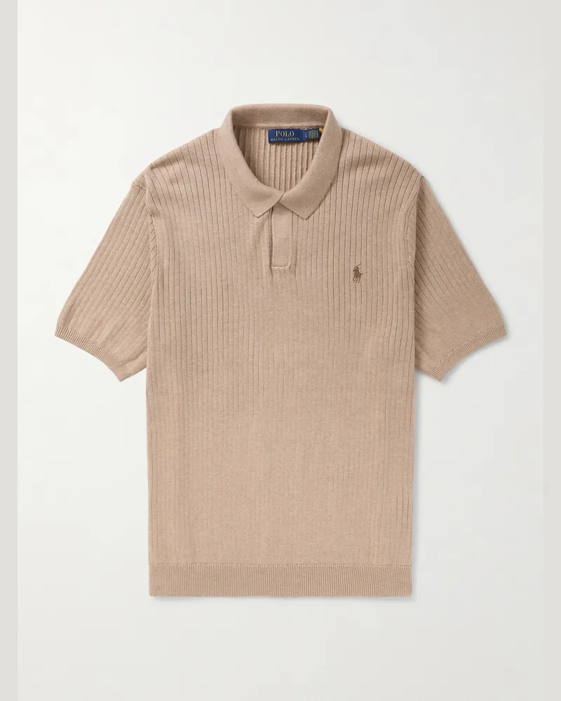 Ralph Lauren Logo-Embroidered Ribbed Cotton Polo Shirt Neutrals