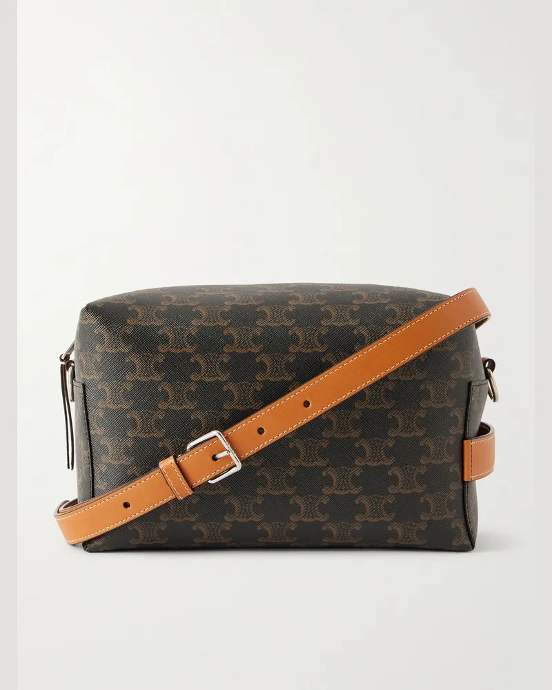 Celine Leather-Trimmed Monogrammed Coated-Canvas Messenger Bag Brown