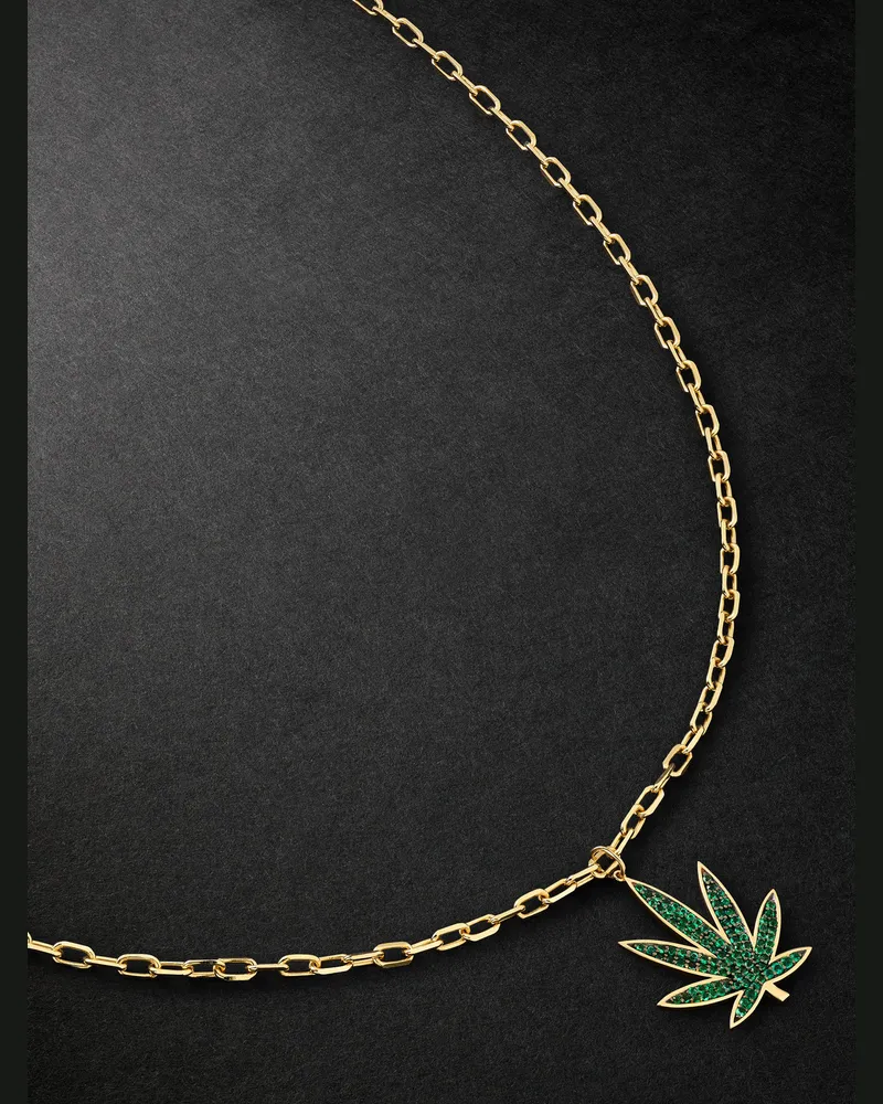Sydney Evan Large Pot Leaf Gold Diamond Necklace Green
