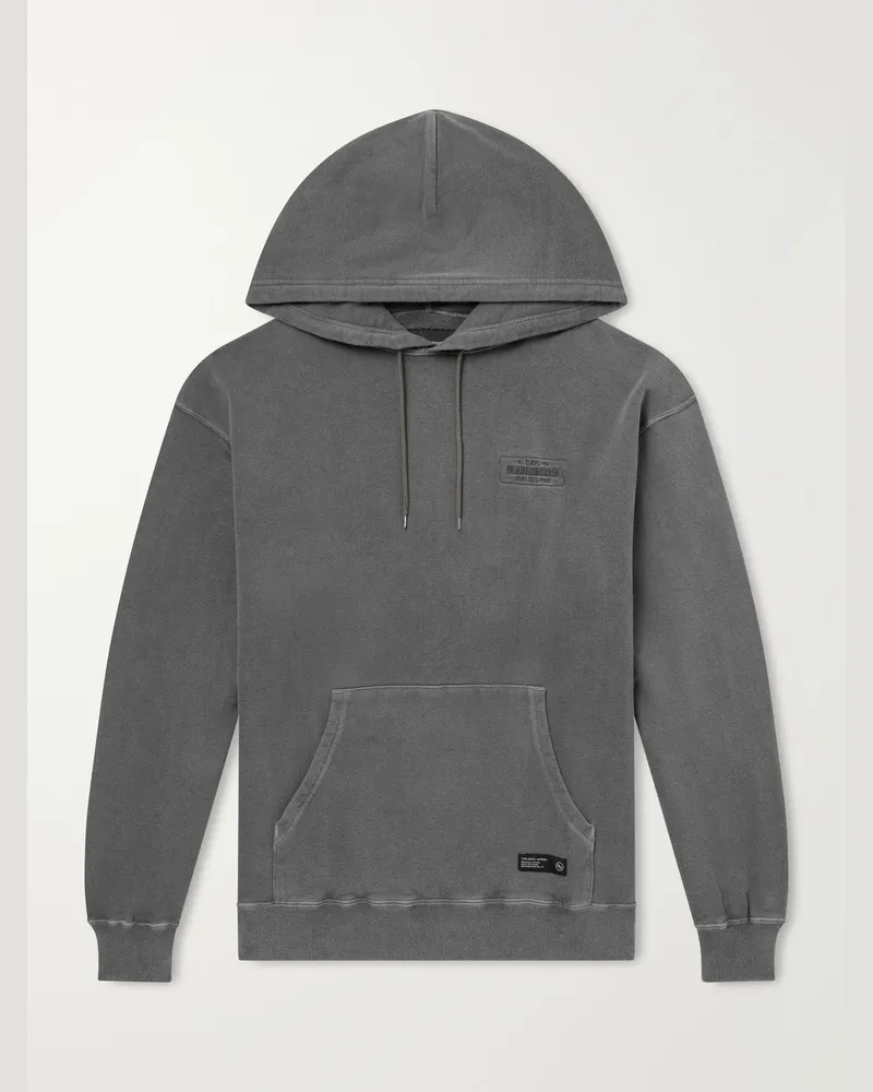 Neighborhood Logo-Embroidered Garment-Dyed Cotton-Jersey Hoodie Gray