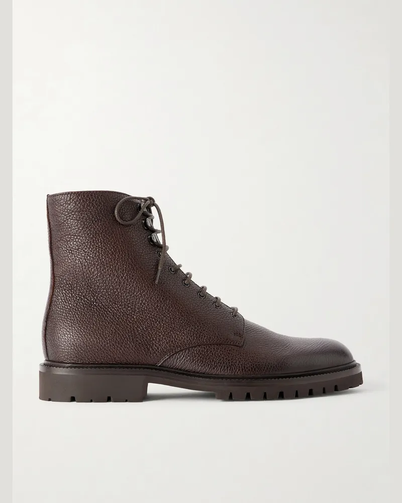Brunello Cucinelli Shearling-Lined Full-Grain Leather Lace-Up Boots Brown