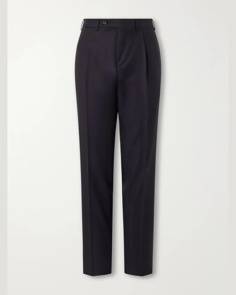 Canali Tapered Pleated Wool-Twill Trousers Blue