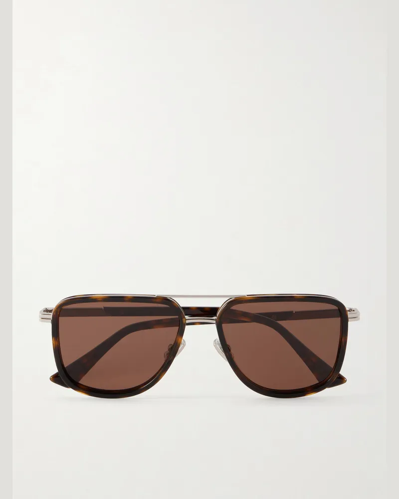 Bottega Veneta Double-Bridge Aviator-Style Silver-Tone Metal and Tortoiseshell Acetate Sunglasses Multi