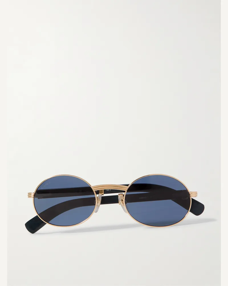Cartier Première goldfarbene Sonnenbrille mit rundem Rahmen und Holzbügeln Blau