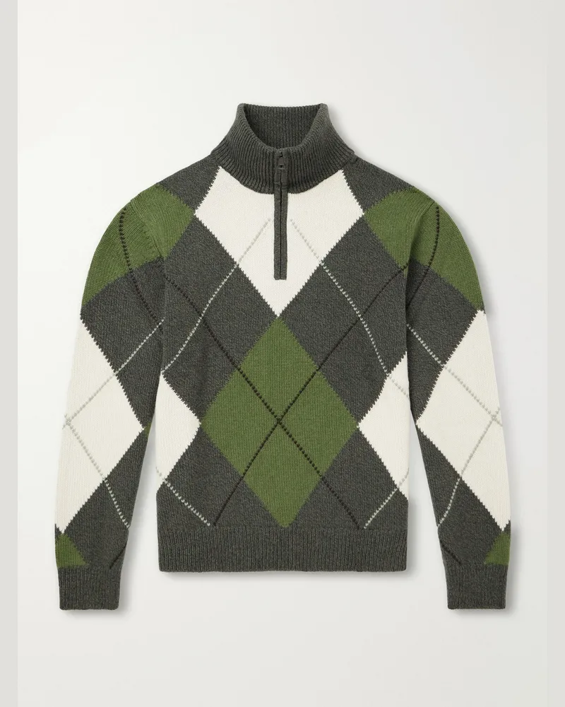 PURDEY Argyle Wool and Cashmere-Blend Half-Zip Sweater Green
