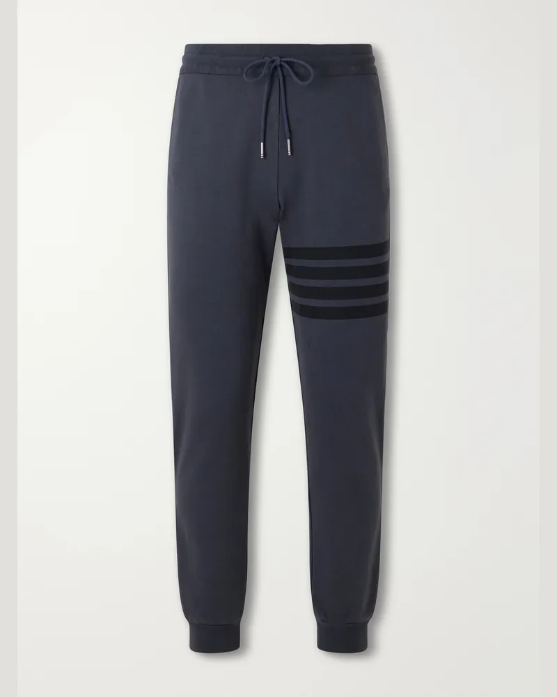 Thom Browne Tapered Bar Detailed Cotton-Jersey Drawstring Sweatpants Gray