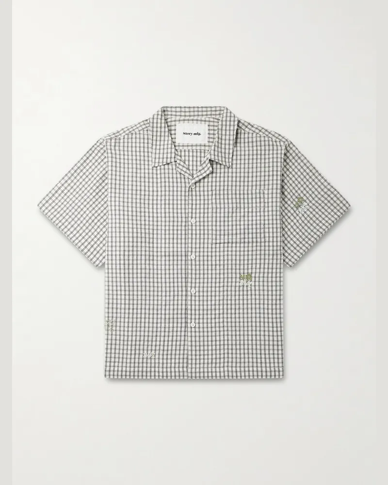 STORY mfg. Camp-Collar Bead-Embellished Checked Organic Cotton Shirt Neutrals
