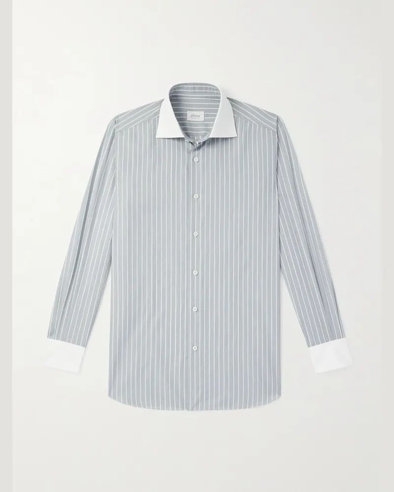 Brioni Hemd aus gestreifter Baumwollpopeline mit Cutaway-Kragen Blau