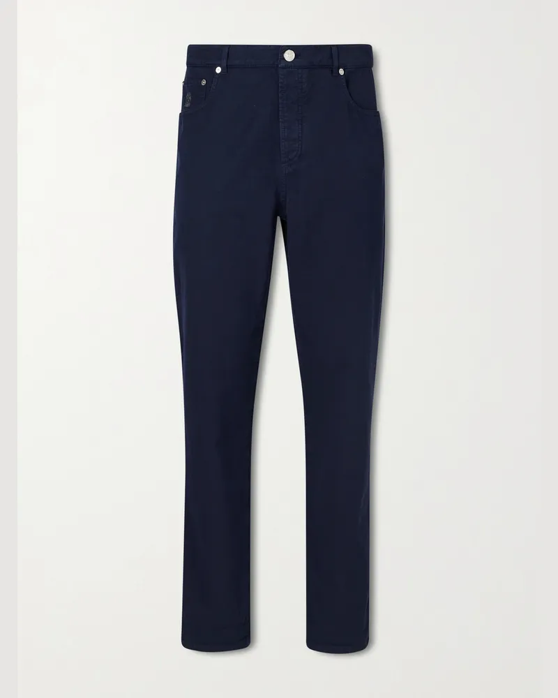 Brunello Cucinelli Logo- Embroidered Straight-Leg Cotton-Twill Trousers Blue