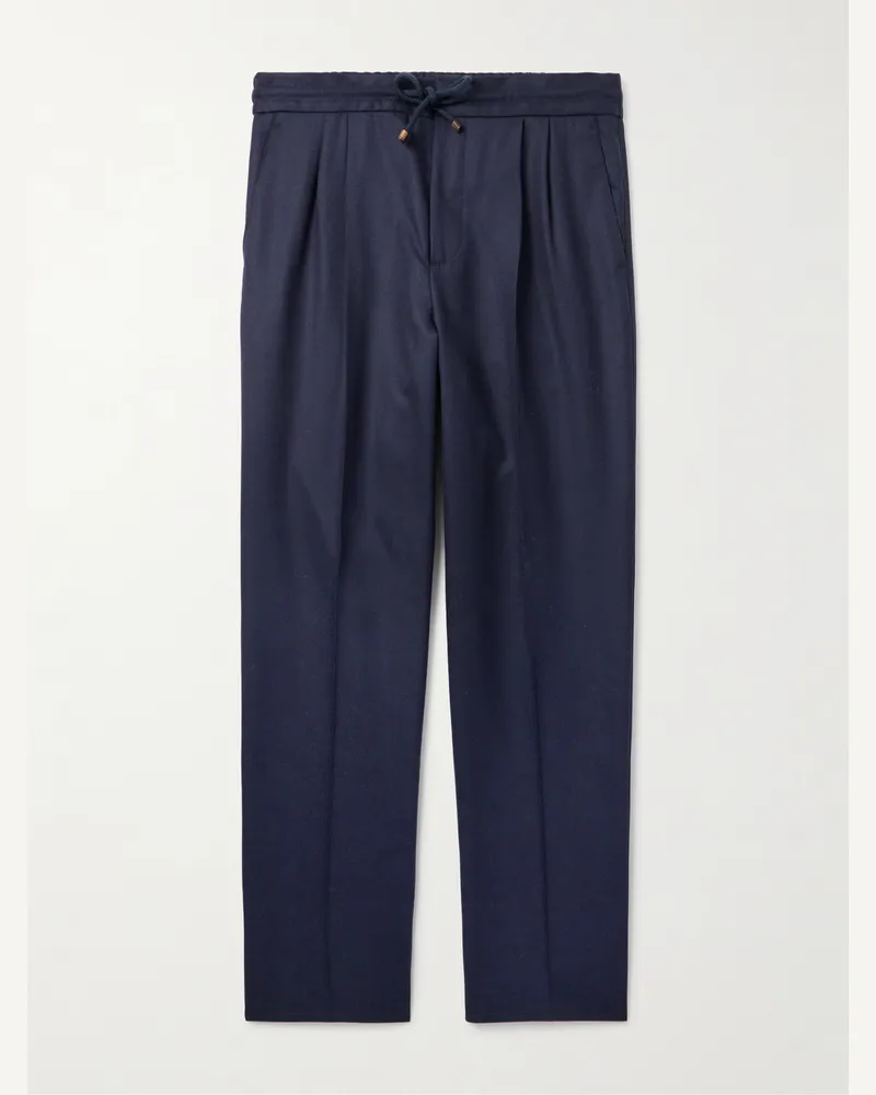 Brunello Cucinelli Schmal zulaufende Hose aus Schurwollflanell mit Kordelzugbund und Falten Blau