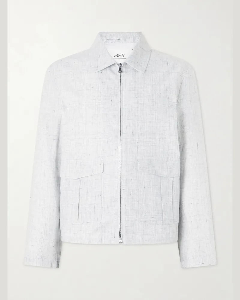 MR P. Checked Linen Zip-Up Blouson Jacket White
