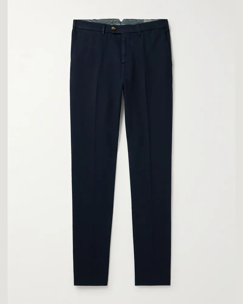 Brunello Cucinelli Schmal geschnittene Hose aus Baumwollgabardine Blau
