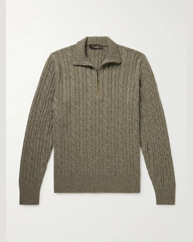 Loro Piana Schmal geschnittener Zopfstrickpullover aus Baby-Kaschmir mit kurzem Reißverschluss und Velourslederbesatz Grün