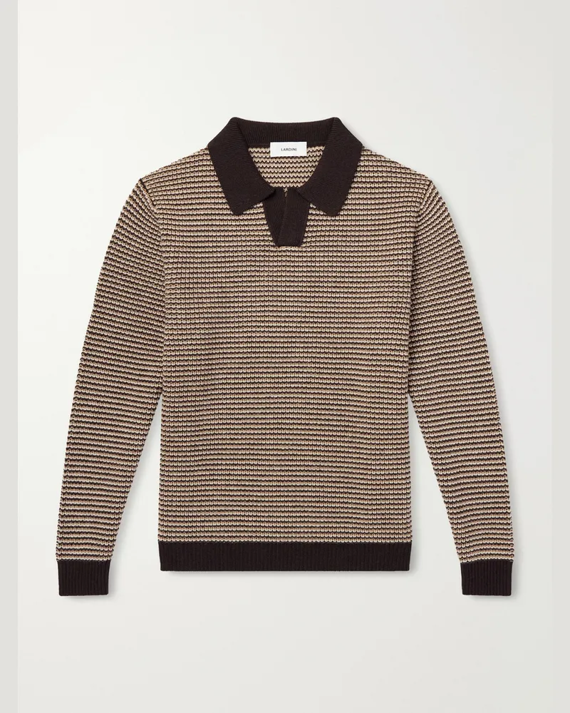 LARDINI Striped Camp-Collar Wool and Cashmere Blend Sweater Brown