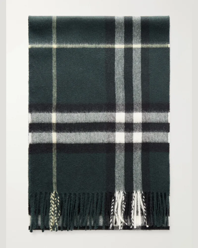Burberry Fringed Checked Cashmere Scarf Green