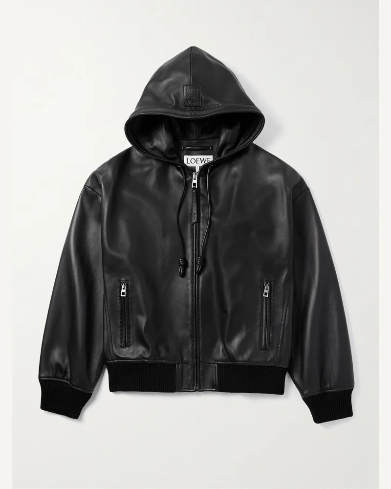 Loewe Bomberjacke aus Leder mit Kapuze Schwarz
