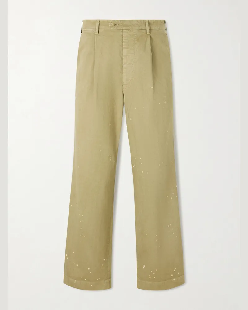 AURALEE Wide-Leg Pleated Paint-Splattered Cotton-Twill Chinos Neutrals