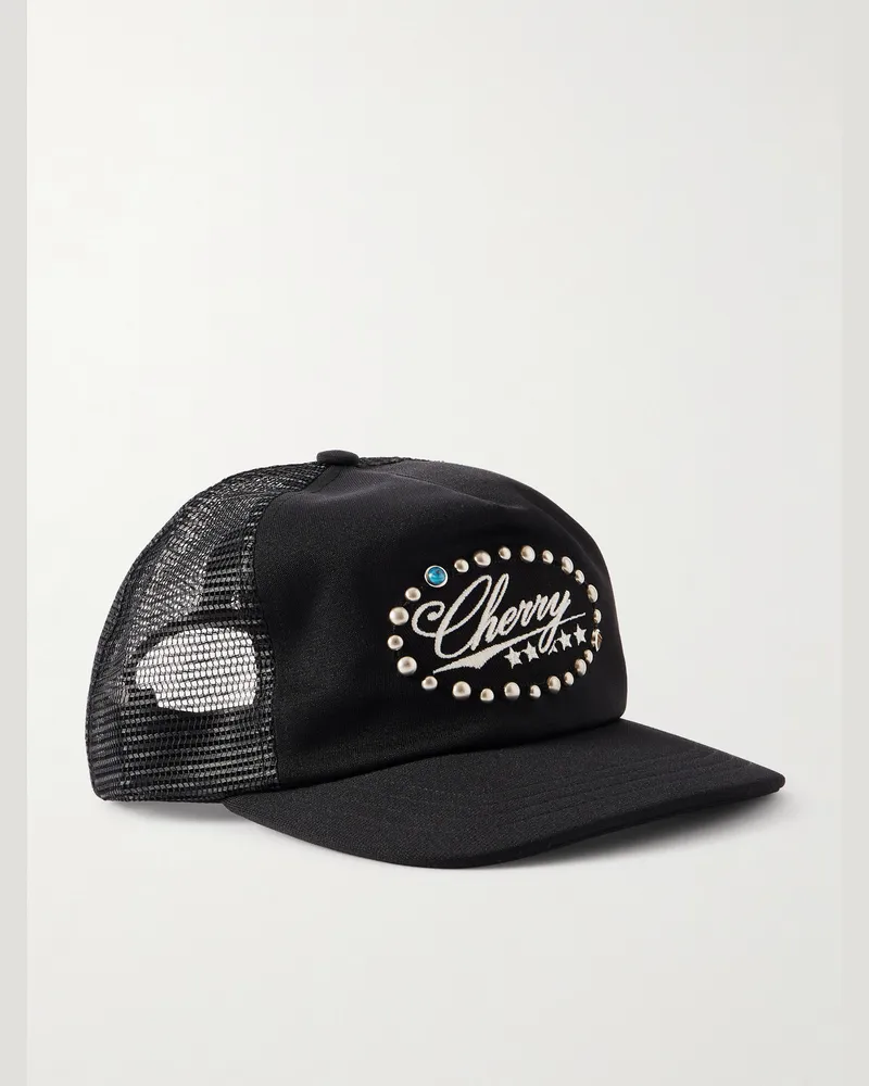 Cherry Los Angeles Studded Five Star Logo-Embroidered Canvas and Mesh Trucker Cap Black