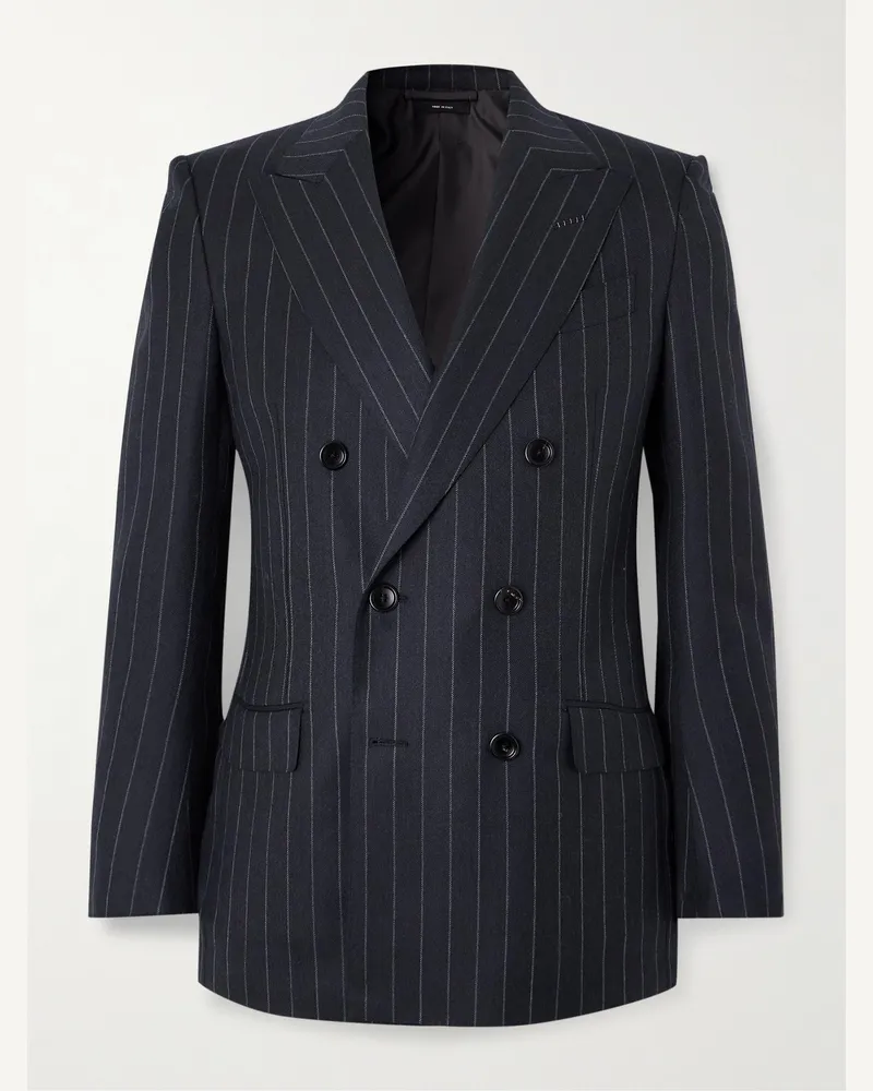 Tom Ford Dyllan Double-Breasted Striped Wool-Twill Suit Jacket Gray