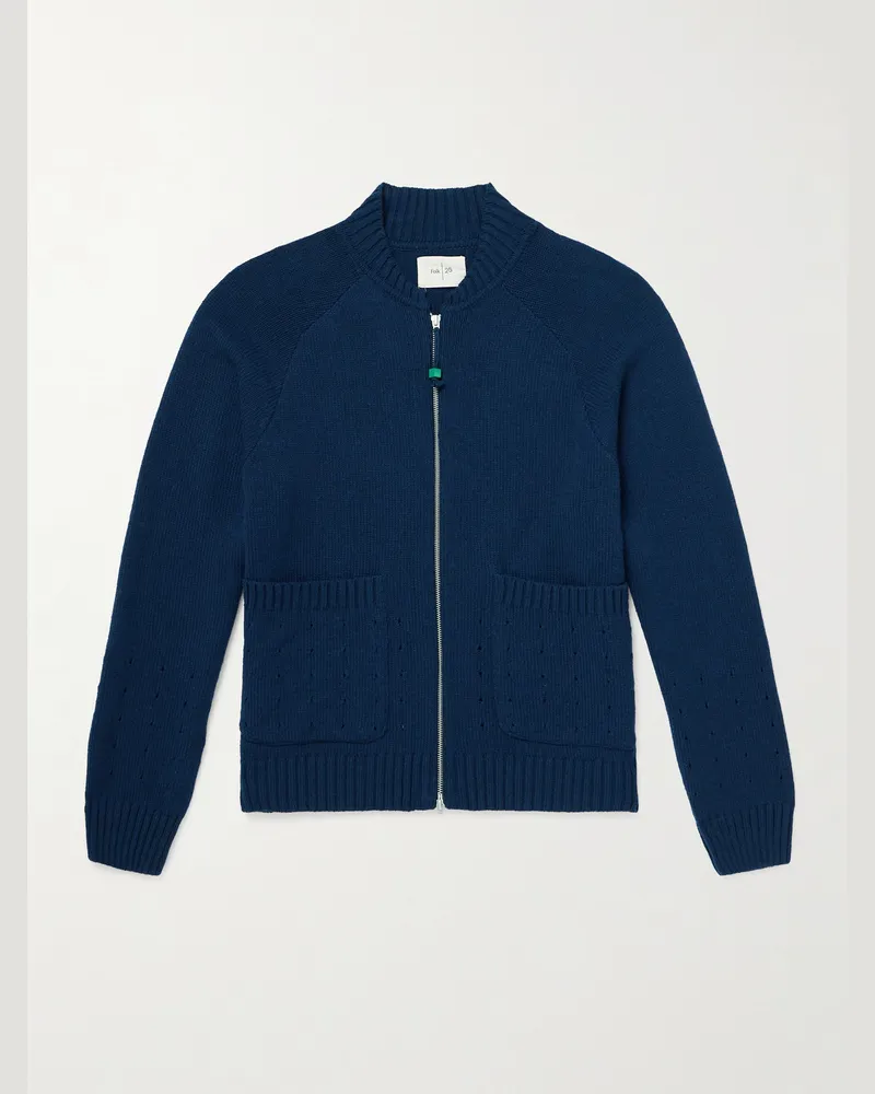Folk Anniversary Cardigan aus einer Wollmischung mit Pointelle-Details und Reißverschluss Blau