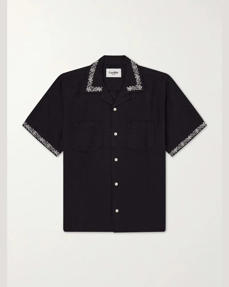 Corridor Harmony Camp-Collar Embroidered Linen and Cotton-Blend Shirt Black