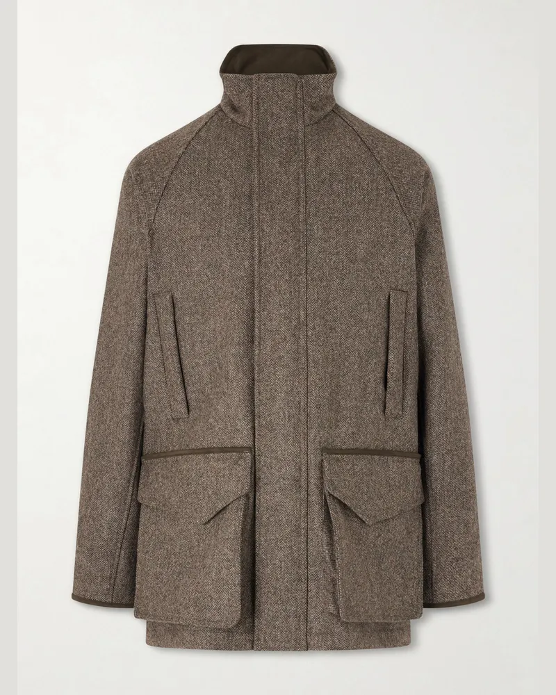 PURDEY Leather-Trimmed Wool Tweed Field Jacket Gray