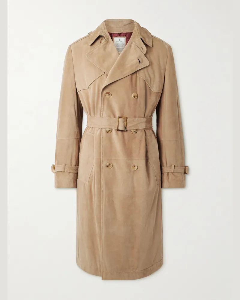 Brunello Cucinelli Doppelreihiger Trenchcoat aus wattiertem Veloursleder mit Gürtel Braun
