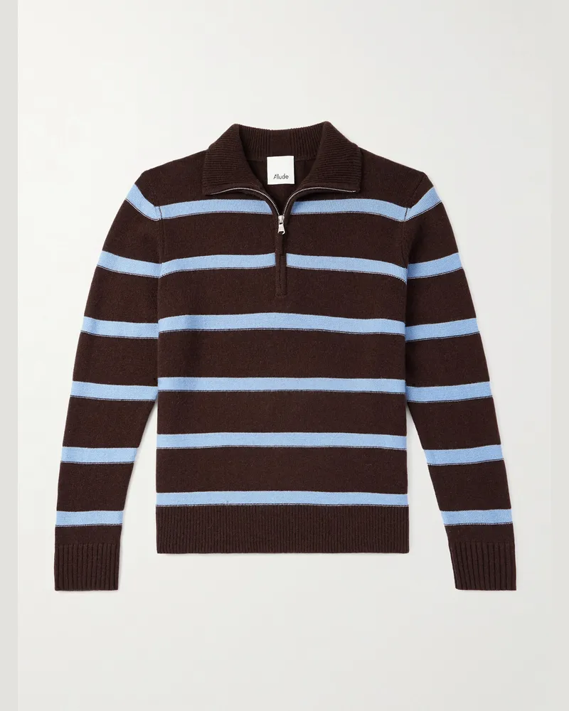 ALLUDE Troyer Striped Wool and Cashmere-Blend Half-Zip Sweater Brown