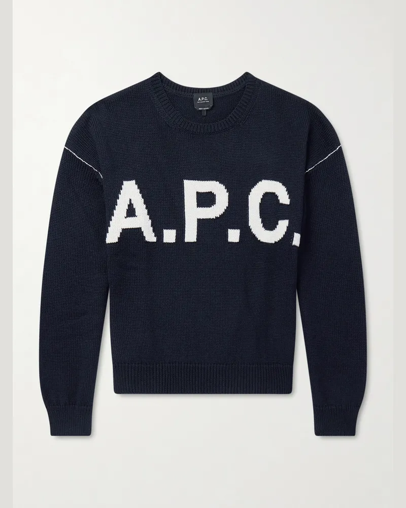 A.P.C. Logo-Intarsia Wool-Blend Sweater Blue